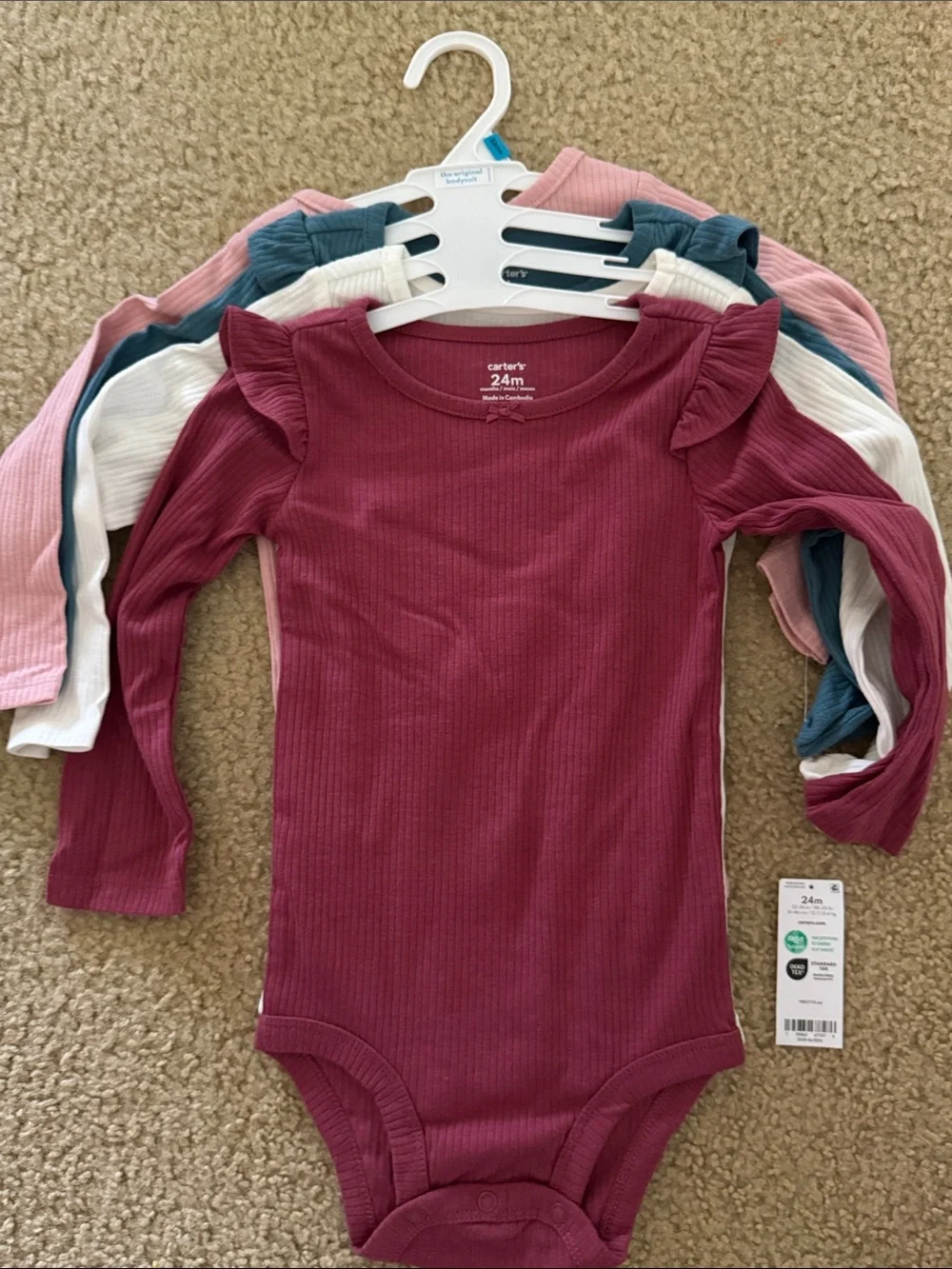 Carter's Long-Sleeve Ribbed One-Piece Bodysuits in Burgundy, Pink, Teal, White